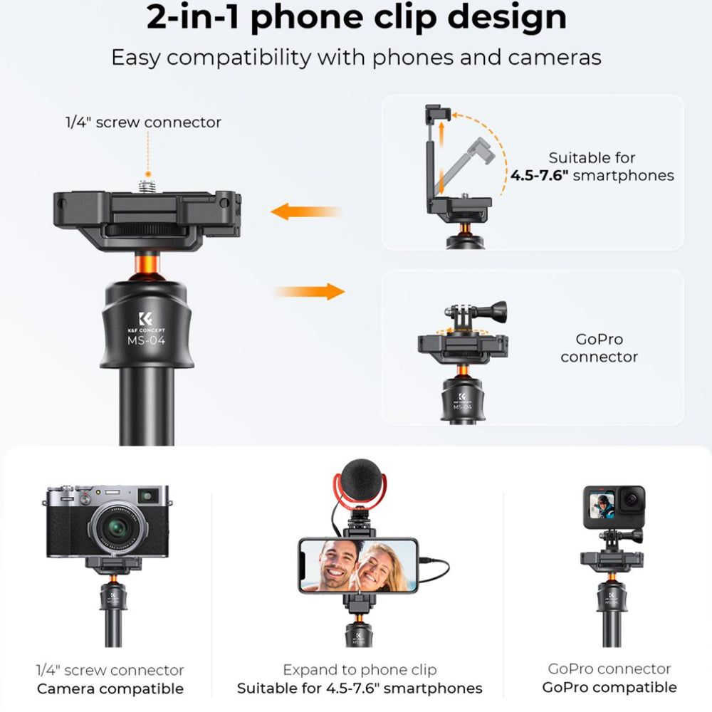 K&F Concept MS04 62" Retractable Selfie Stick Tripod with Built-In Mobile Phone Clip Holder, Action Camera Mount Adapter, Bluetooth Remote Control for Smartphones, Digital Camera, Video Fill Light, Camcorder, GoPro Hero, Insta360, DJI Osmo