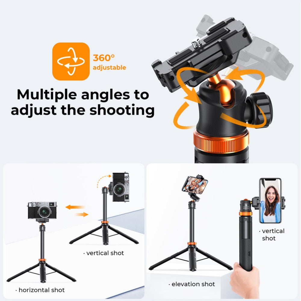 K&F Concept MS04 62" Retractable Selfie Stick Tripod with Built-In Mobile Phone Clip Holder, Action Camera Mount Adapter, Bluetooth Remote Control for Smartphones, Digital Camera, Video Fill Light, Camcorder, GoPro Hero, Insta360, DJI Osmo