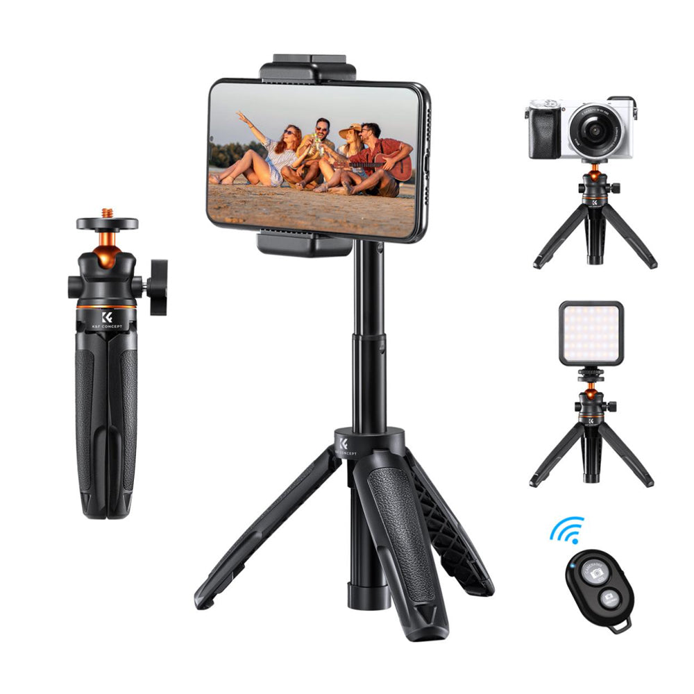K&F Concept MS02 13" Retractable Selfie Stick Tripod with Mobile Phone Clip Holder, Bluetooth Remote Control, 1\4" Attachment Thread for Digital Camera, Smartphones, Video Fill Light, Camcorder, GoPro, Insta360, DJI Osmo