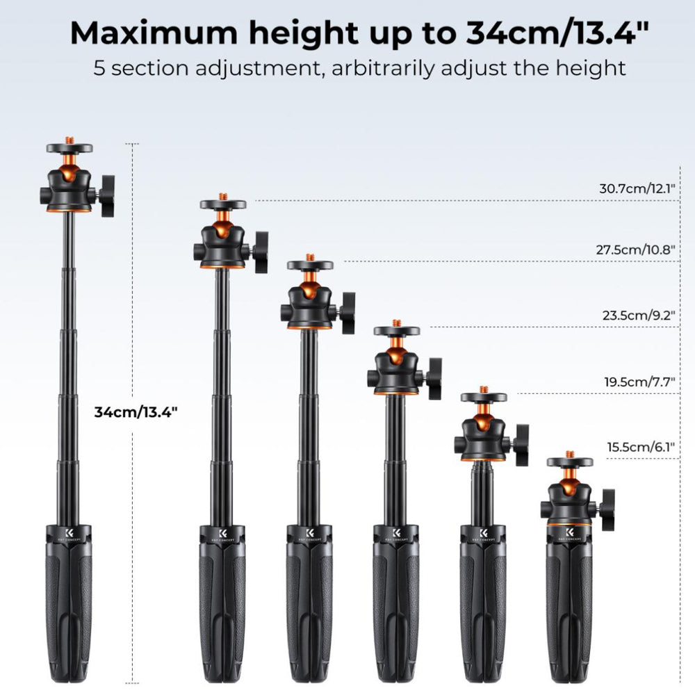 K&F Concept MS02 13" Retractable Selfie Stick Tripod with Mobile Phone Clip Holder, Bluetooth Remote Control, 1\4" Attachment Thread for Digital Camera, Smartphones, Video Fill Light, Camcorder, GoPro, Insta360, DJI Osmo