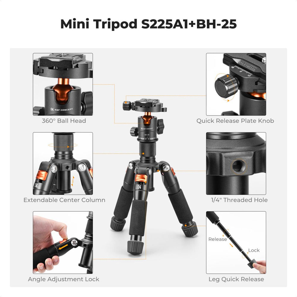 K&F Concept S225A1 (52cm) Compact Aluminum Desktop Tripod with Arca-Type Quick Release Plate & Ball Head, Smartphone Holder & 6kg Load Capacity for Cameras, Camcorders, Webcams, Studio Lightning, Photography, Vlogging & Live Streaming