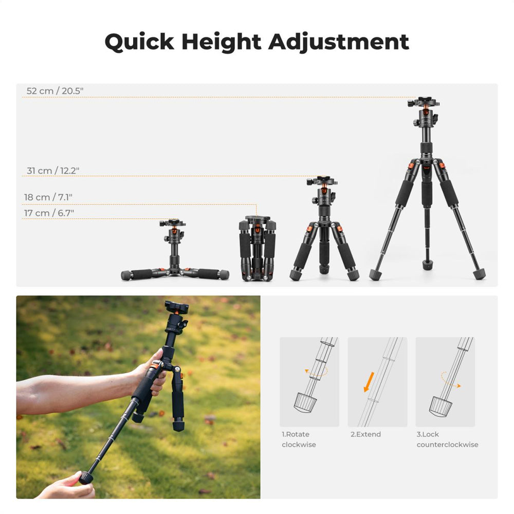 K&F Concept S225A1 (52cm) Compact Aluminum Desktop Tripod with Arca-Type Quick Release Plate & Ball Head, Smartphone Holder & 6kg Load Capacity for Cameras, Camcorders, Webcams, Studio Lightning, Photography, Vlogging & Live Streaming