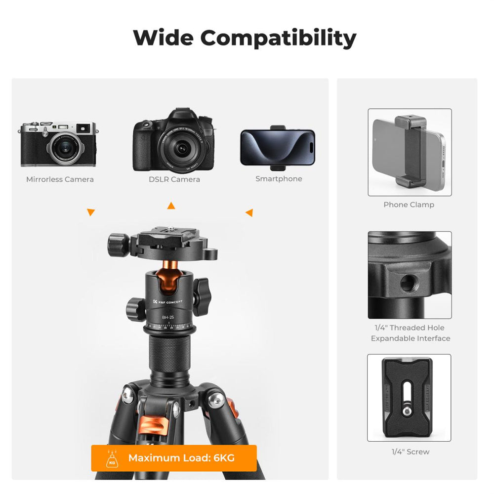 K&F Concept S225A1 (52cm) Compact Aluminum Desktop Tripod with Arca-Type Quick Release Plate & Ball Head, Smartphone Holder & 6kg Load Capacity for Cameras, Camcorders, Webcams, Studio Lightning, Photography, Vlogging & Live Streaming