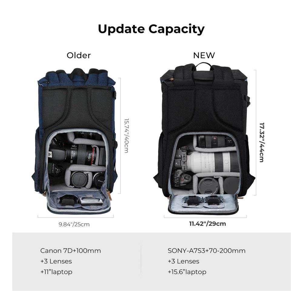 K&F Concept 20L Camera Electronics Backpack with 15 Inch Laptop Compartment, Built-In Waterproof Rain Cover for Drones, Lens, Tripod, DSLR/SLR, Mirrorless Camera & Accessories (Blue, Black) | KF13-066V10 KF13-066V12