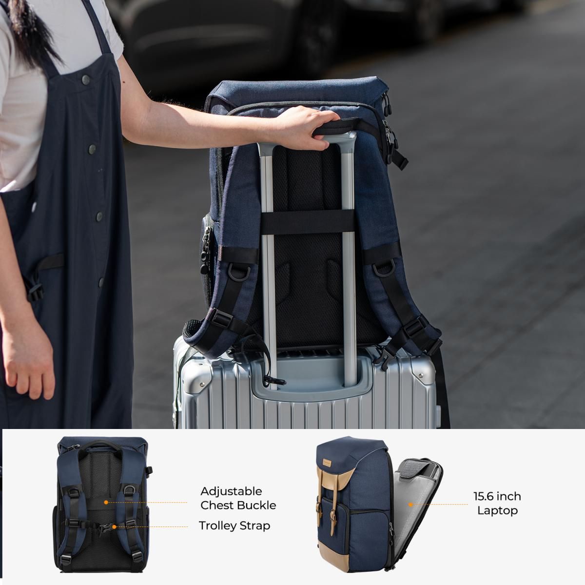 K&F Concept 20L Camera Backpack with 15" Laptop Compartment, Tripod Holder, Rain Cover, 20 Liters Large Capacity Storage Bag for Sony Fujifilm Canon Nikon Lumix DJI Drone, Lenses, Battery, Speedlite Flash, Photo & Video - Urban Wander 02 | Black, Blue