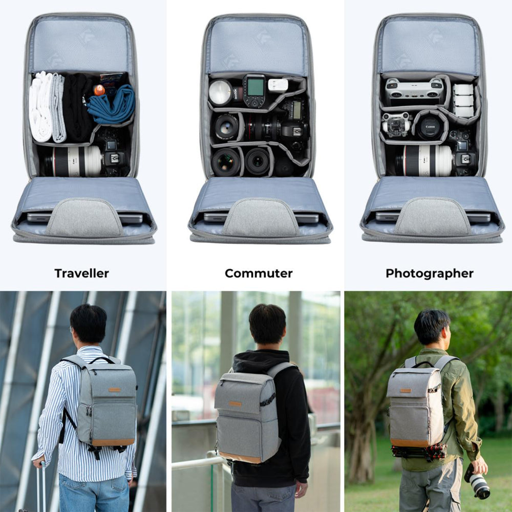 K&F Concept Beta 22L Professional Photography Camera Backpack Bag with 15" Laptop Computer Compartment, Rain Cover, Large Storage for Tripod, Lens, Flash, Battery Charger, Video Light, DJI Drone, Digital Mirrorless, DSLR - Nature Wander 11 | Black, Gray