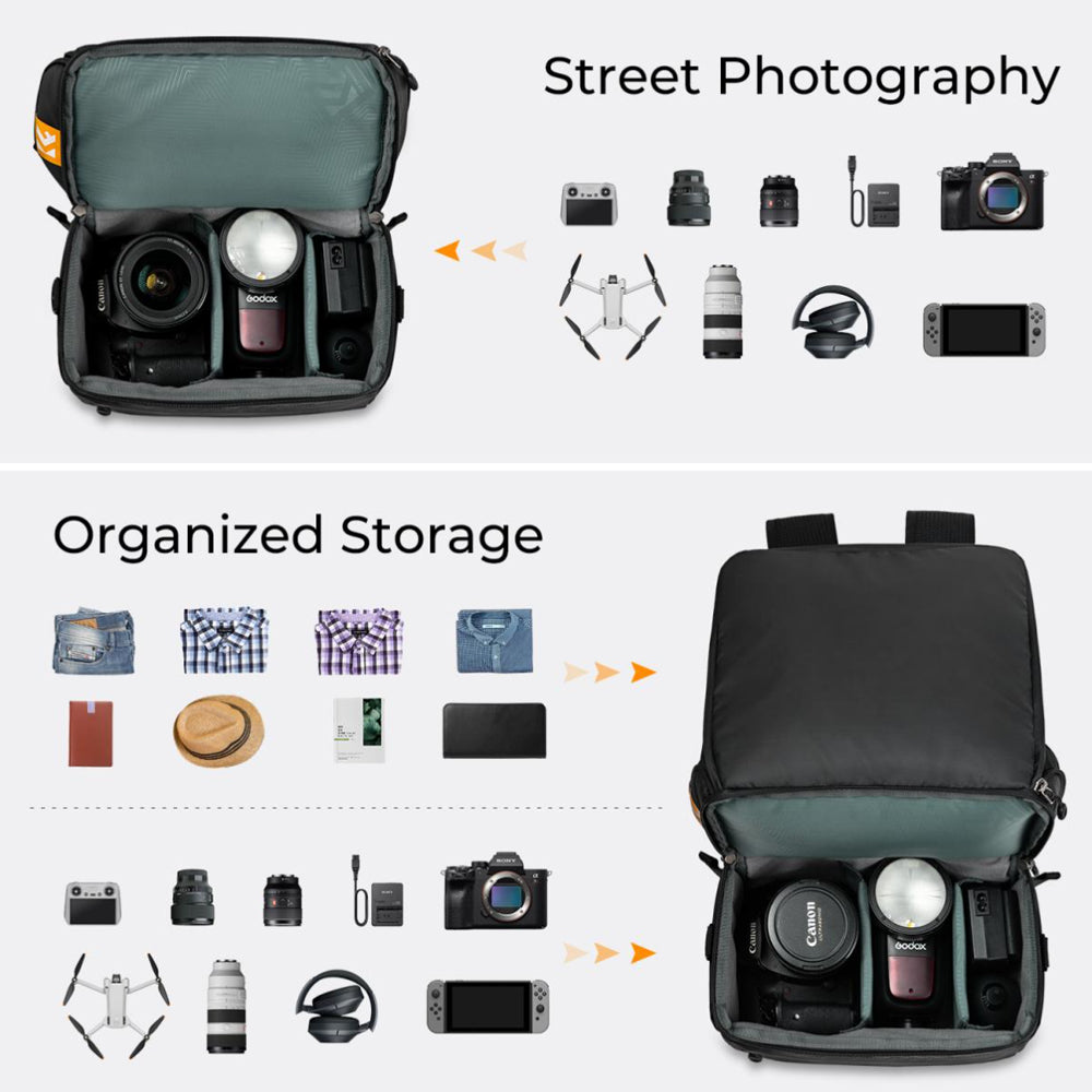 K&F Concept 7-22L Convertible Professional Photography Camera Backpack to Cross Body Messenger Bag with Large Storage for Tripod, Lens, Flash, Battery Charger, Video Light, DJI Drone, Digital Mirrorless & DSLR Cameras | KF13-129