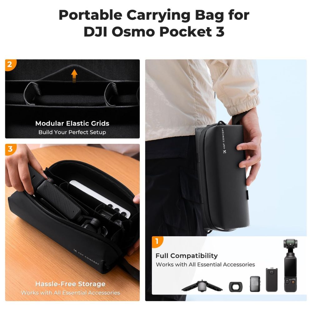 K&F Concept Portable Carrying Pouch Bag for DJI Osmo Pocket 3 Camera and Accessories with Large Capacity, Elastic Compartments, Waterproof Design, and Wrist Strap – Ideal for Photography, Vlogging, Travel | JG Superstore