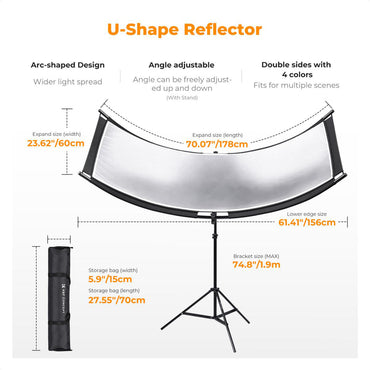 K&F Concept 70" x 25" Curved U-Shape Light Diffusion Reflector Stand Kit with Double-Sided Multiple Reflective Color Effects, 180° Adjustable Angle and Tool-Free Installation | KF18-0012