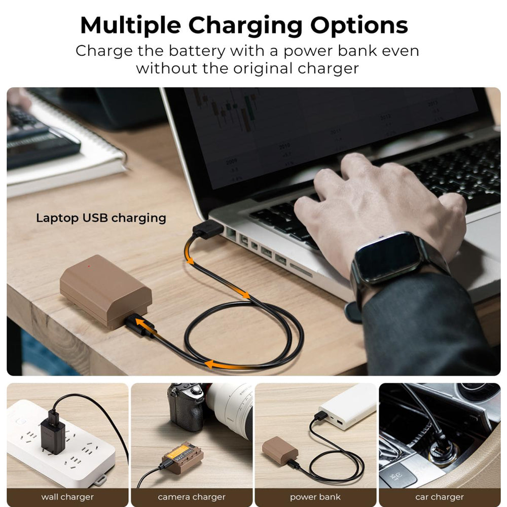 K&F Concept NP-FZ100 Rechargeable Replacement Li-ion Battery Pack 2280mAh 7.2V with USB Type C Direct Charging for Sony Alpha, A9, A7III, A7RIII, A7RIV, A6600, ZV-E1, FX3, FX30 Mirrorless Camera (2 Pack) | KF28-0023S1