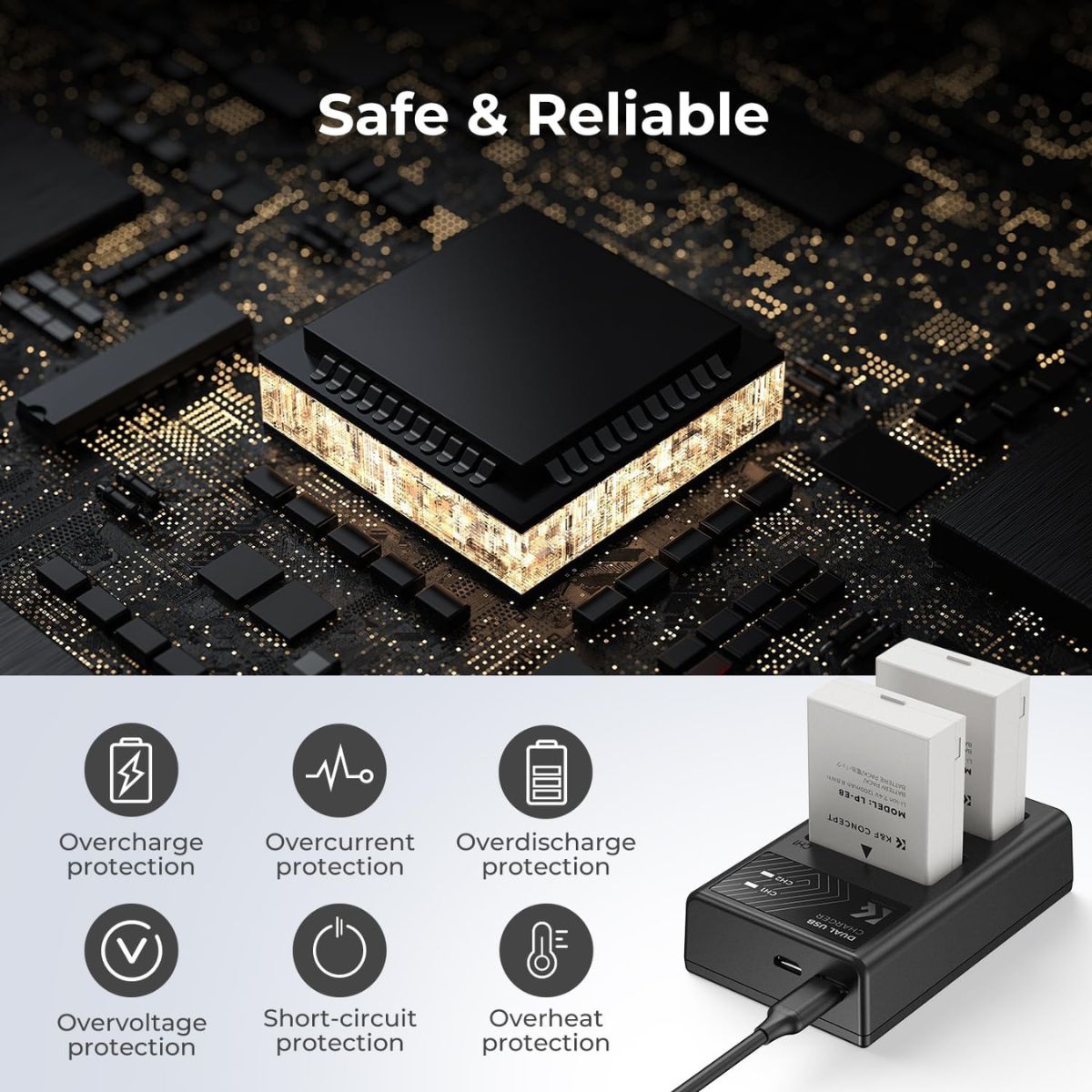 K&F Concept (2-Pack) LP-E8 LPE8 Battery and Dual USB Charger Kit for Canon EOS 700D 650D 550D X7i X6i X5 Camera with Micro USB and Type C Port