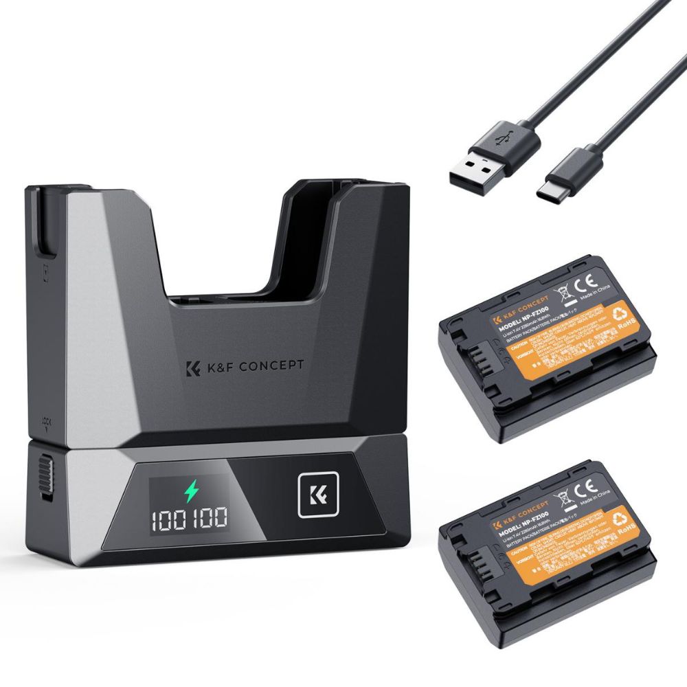 K&F Concept NP-FZ100 2-Pack 2600mAh Camera Batteries with Dual-Slot Detachable PD 18W Fast Charger Kit with LED Display, USB C Charging Cable and Port, SD Card Storage for Selected Sony Mirrrorless Cameras