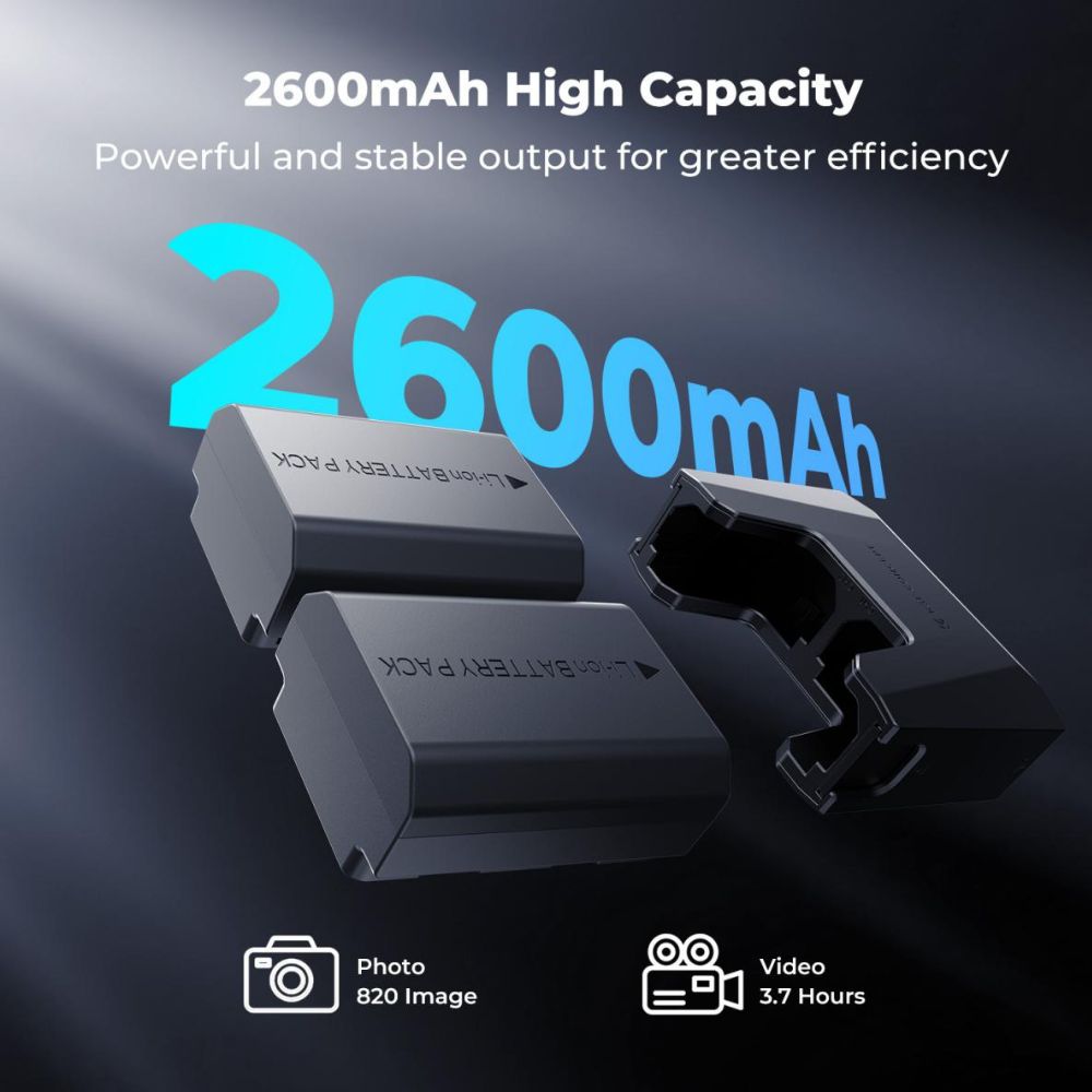 K&F Concept NP-FZ100 2-Pack 2600mAh Camera Batteries with Dual-Slot Detachable PD 18W Fast Charger Kit with LED Display, USB C Charging Cable and Port, SD Card Storage for Selected Sony Mirrrorless Cameras