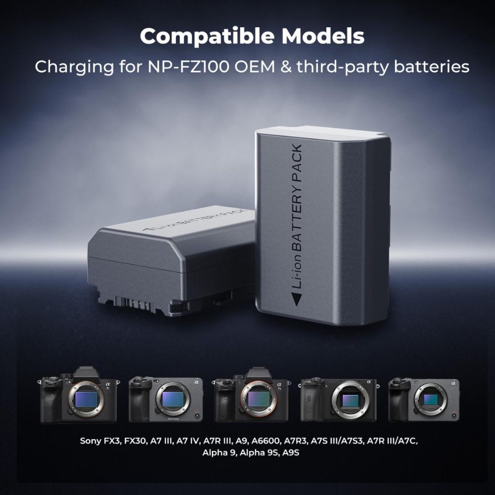 K&F Concept NP-FZ100 2-Pack 2600mAh Camera Batteries with Dual-Slot Detachable PD 18W Fast Charger Kit with LED Display, USB C Charging Cable and Port, SD Card Storage for Selected Sony Mirrrorless Cameras