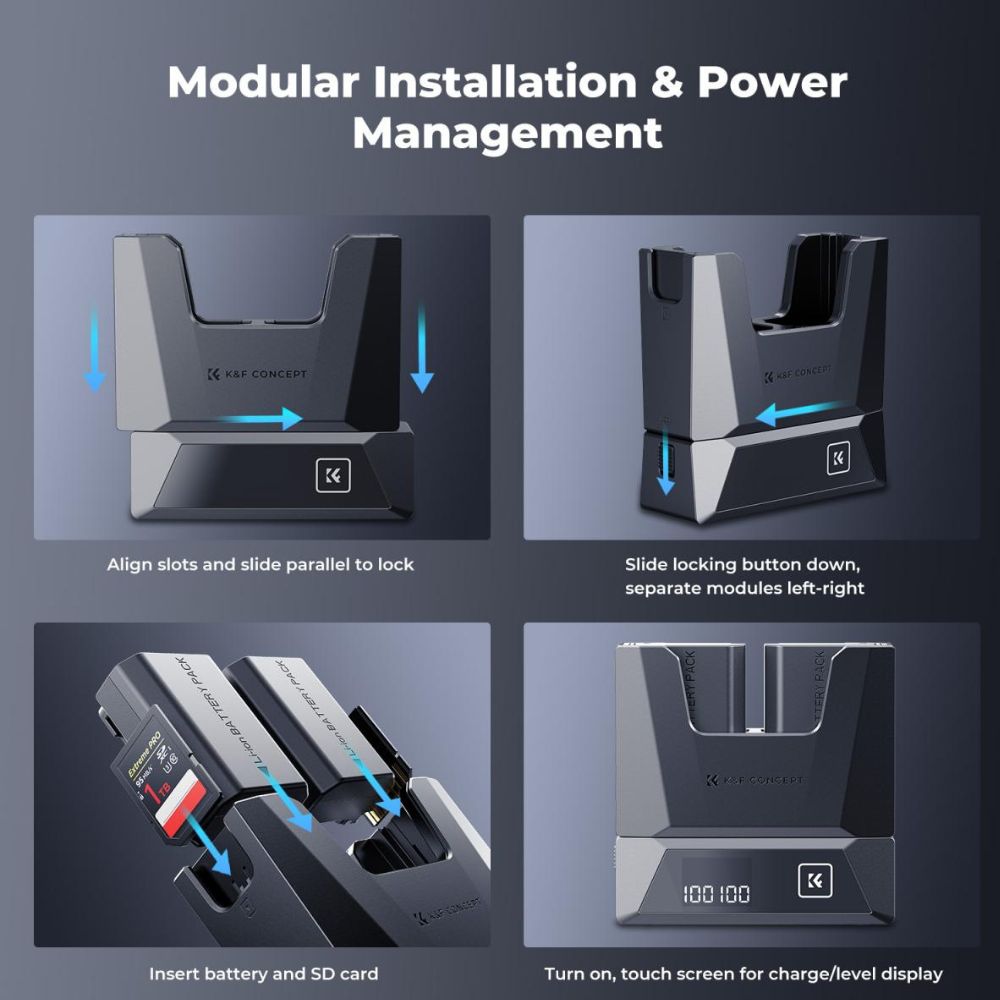 K&F Concept NP-FZ100 2-Pack 2600mAh Camera Batteries with Dual-Slot Detachable PD 18W Fast Charger Kit with LED Display, USB C Charging Cable and Port, SD Card Storage for Selected Sony Mirrrorless Cameras