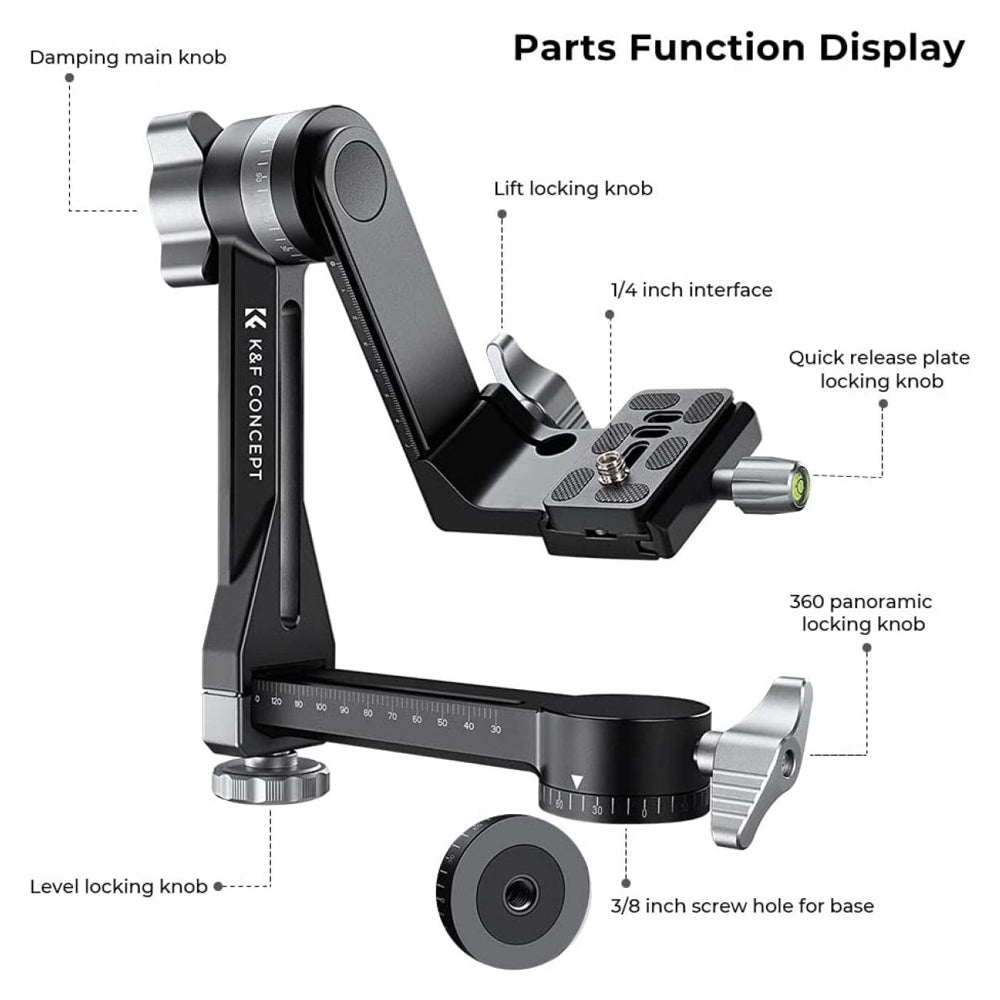 K&F Concept Aluminum Cantilever Tripod Head with 1/4" Arca-Type Quick Release Plate, 20kg/44lbs Load Capacity, 180° Pitch Shooting Angle for DSLR/SLR, Mirrorless Camera | Photography Equipment