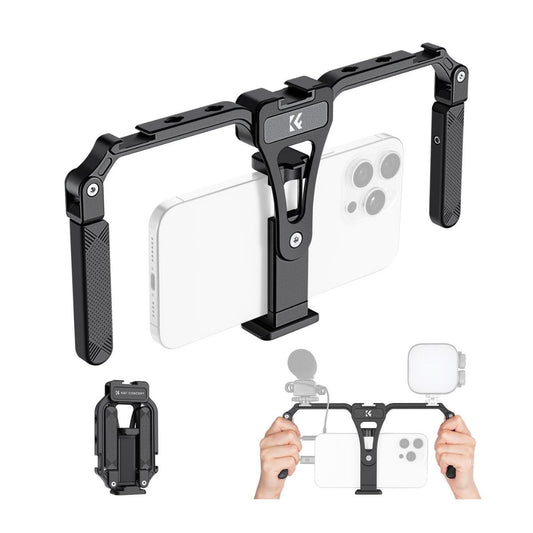 K&F Concept Foldable Phone Video Rig for iPhone & Android Smartphones with Dual Handles & Cold Shoe Mount for LED Fill Lights, Microphones, and Camera Accessories