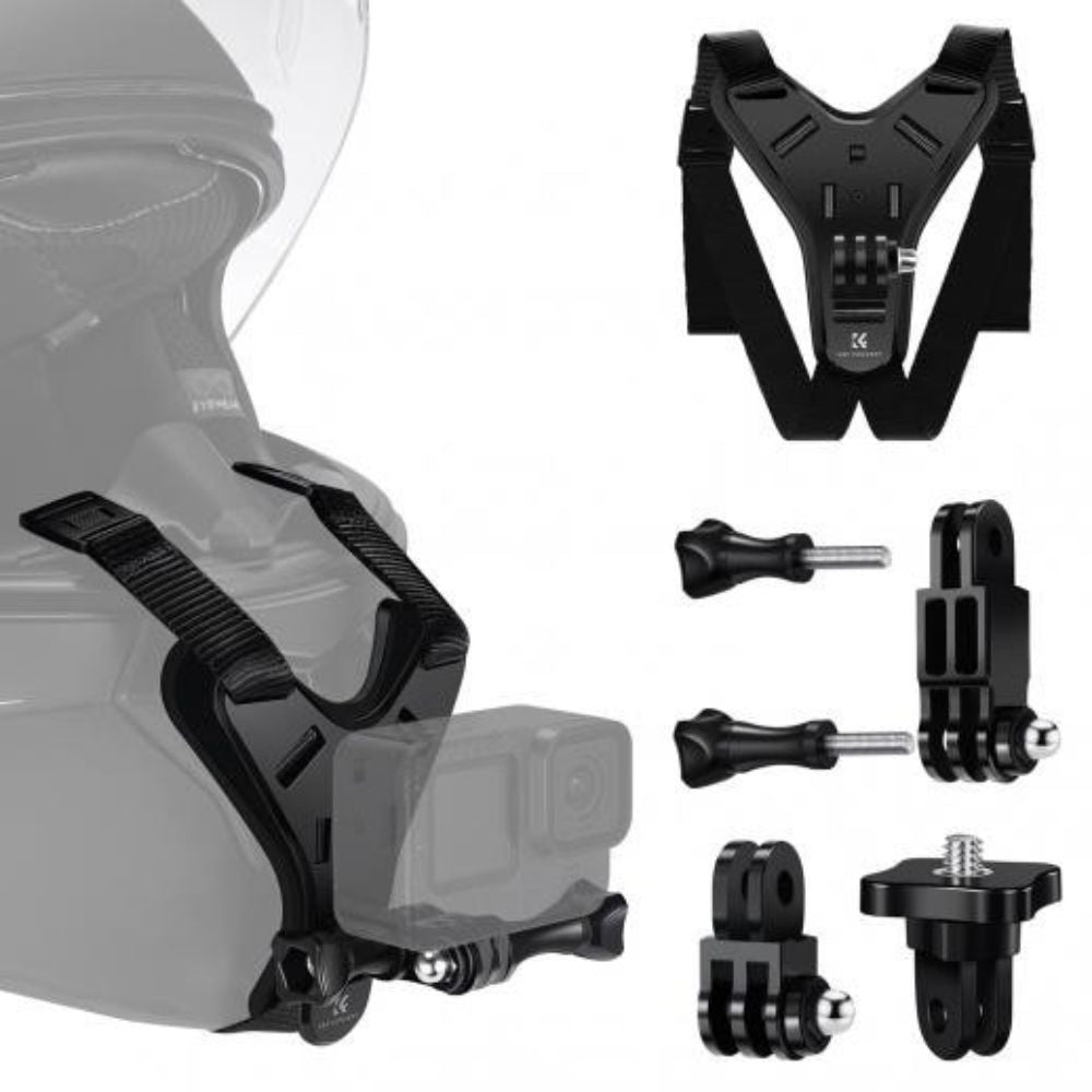 K&F Concept Motorcycle and Dirt Bike Helmet Chin Strap Mount for Action Cameras, Compatible with GoPro Hero 13/12/11/10/9/8/7/6/5/4, DJI Osmo Action 5 Pro/4/3, Insta360 X5/X4/X3 for Hands-Free POV Helmet Holder