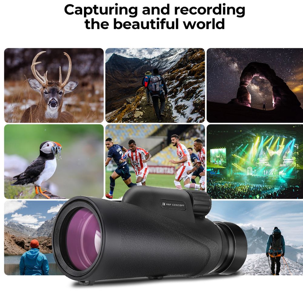 K&F Concept 8x42 HD Portable Wide Angle Waterproof Monocular Telescope with Multi-Coated BAK-4 Prism Lens, Mobile Phone Holder, Mini Tripod, Lanyard and Easy Focus for Outdoor Sports Hunting Hiking Camping Travel Photography - Black