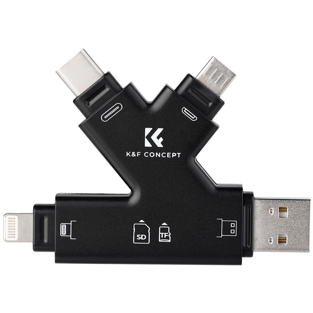 K&F Concept Multi-Interface SD & TF Memory Card Reader with 4-in-1 USB-A, Type C, Micro USB, and Apple Lightning Input for Smartphones, Laptop, PC, Smart TV, Tablet, iPhone, iPad, IOS, Android, macOS, Windows 8 / 10, Linux | KF42-0006