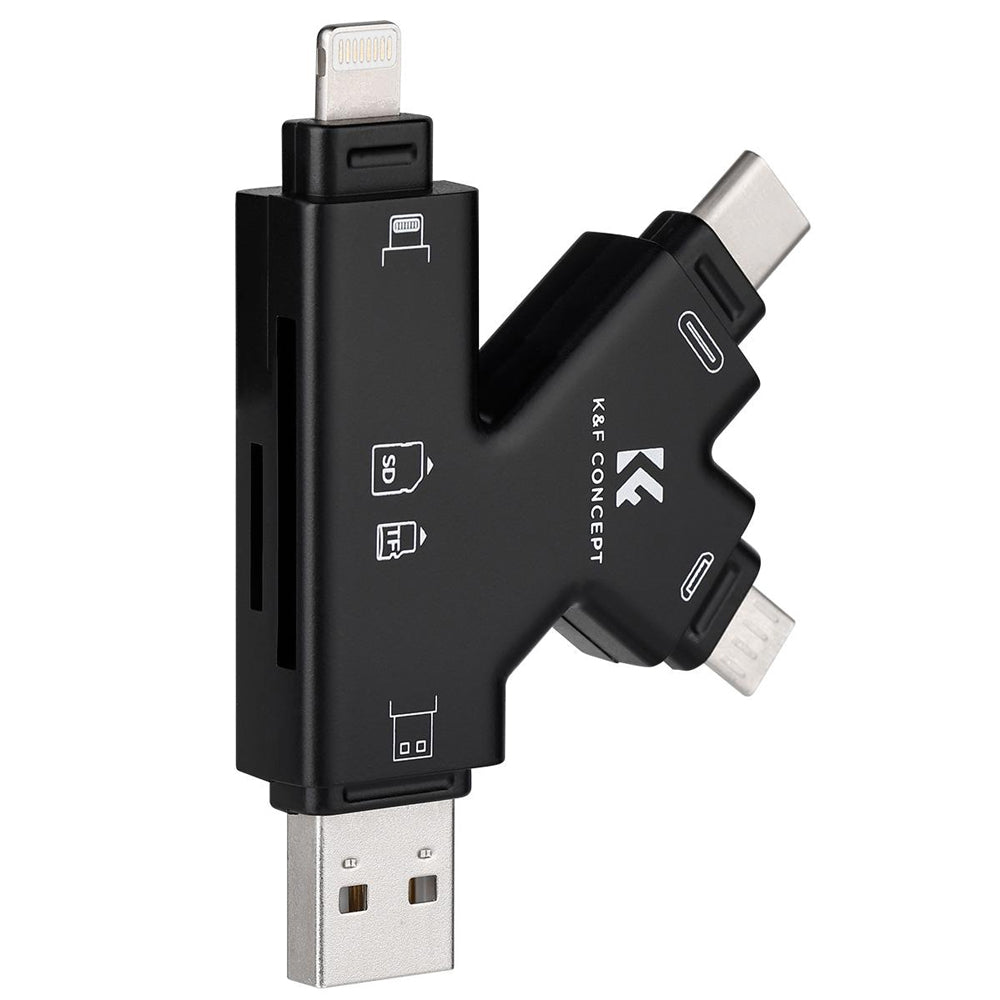 K&F Concept Multi-Interface SD & TF Memory Card Reader with 4-in-1 USB-A, Type C, Micro USB, and Apple Lightning Input for Smartphones, Laptop, PC, Smart TV, Tablet, iPhone, iPad, IOS, Android, macOS, Windows 8 / 10, Linux | KF42-0006