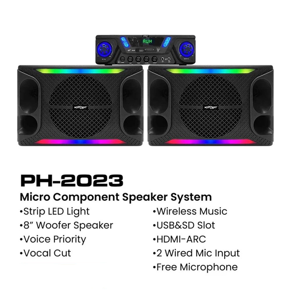 Konzert PH-2023 Micro Component Bluetooth Speaker System with Wired Microphone, LED Strip Light, HDMI -ARC & USB/SD Slot for Karaoke & Music