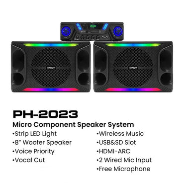 Konzert PH-2023 Micro Component Bluetooth Speaker System with Wired Microphone, LED Strip Light, HDMI -ARC  & USB/SD Slot for Karaoke & Music