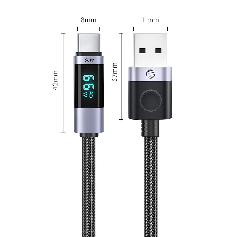 ORICO 1M 1.5M LDA2C Series USB-A Male to USB Type-C Male with PD 66W, 480Mbps Charging and Data Cable with LED Display and E Marker Chip for Smartphone | Black