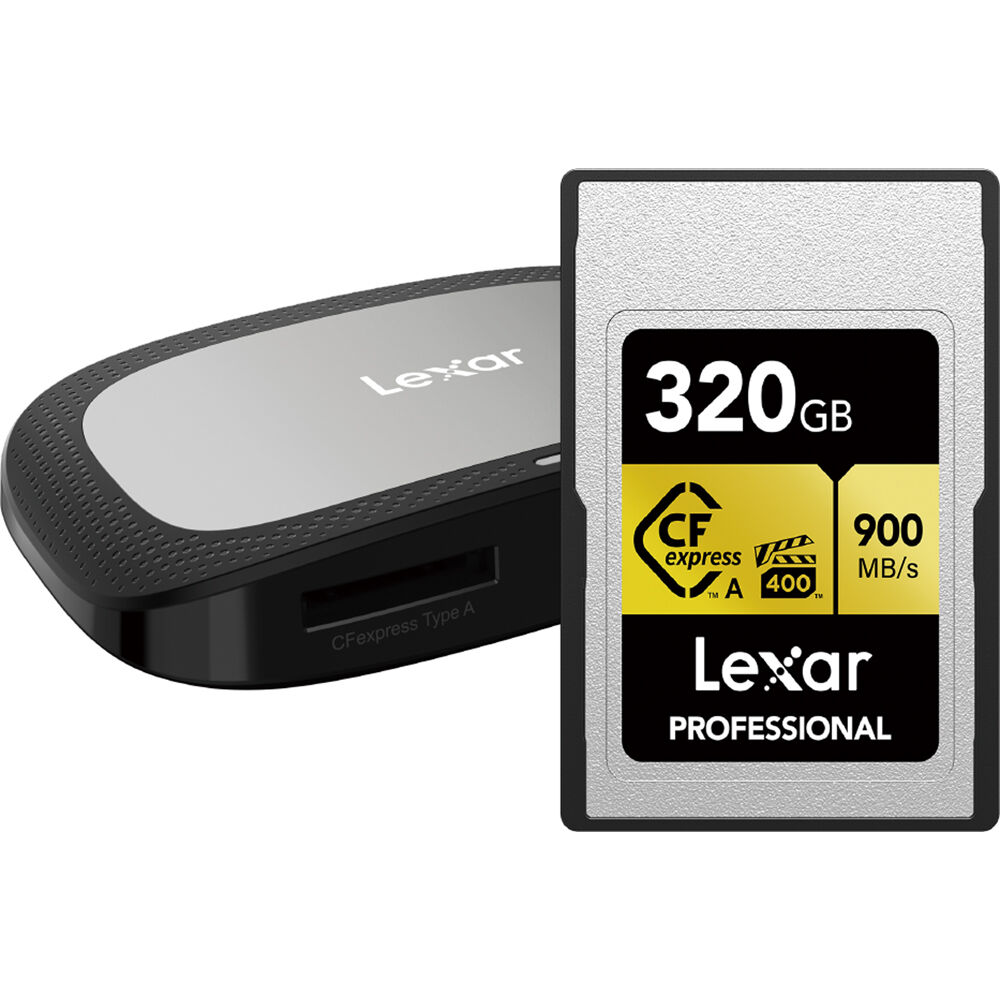Lexar Professiol 320GB 160GB 80GB CFexpress Gold Type A CF Express Memory Card + Compact Flash Card Reader PCI-Express 3.0 with VPG 400MB/s, 8K 4K HFR 120fps Video Cinema Quality, 900MB/s Read, 800MB/s Write Speeds