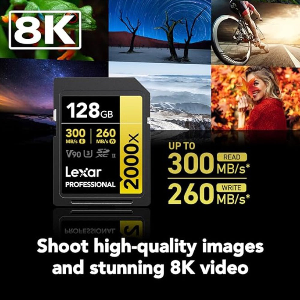 Lexar Professional 128GB 64GB 2000x SDHC / SDXC UHS-II Memory Card GOLD Series U3, V90, 8K Video Full HD and 3D with up to 300MB/s Read / 260MB/s Write, Class 10 for Cameras and Other Devices