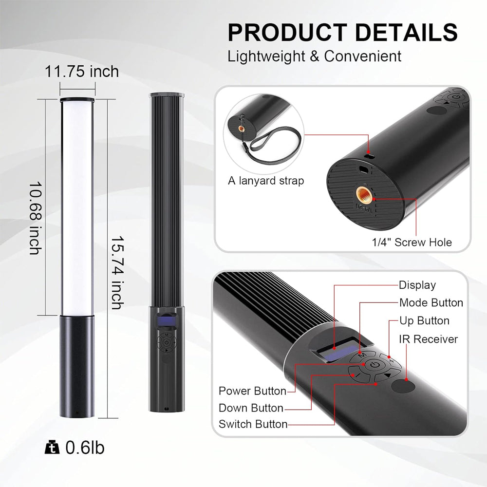 Luxceo P400 (40cm) RGB LED Tube Light 5W Full Color Fill Light with 2500K - 6500K Color Temperature, 3.7V 2500mAh Built-In Battery, USB Type C Charging for Photography, Videography, Film Making - Photo & Video Studio Lighting