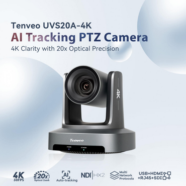 Tenveo TEVO-UVS20A 4K AI Auto-Tracking PTZ Camera UHD with 20x Optical Zoom, Sony Sensor, NDI HX2 & Multi Interfaces (PoE HDMI USB SDI RJ45 LAN) for Video Conference, Live Streaming, Worship Events, Broadcast, Video Production