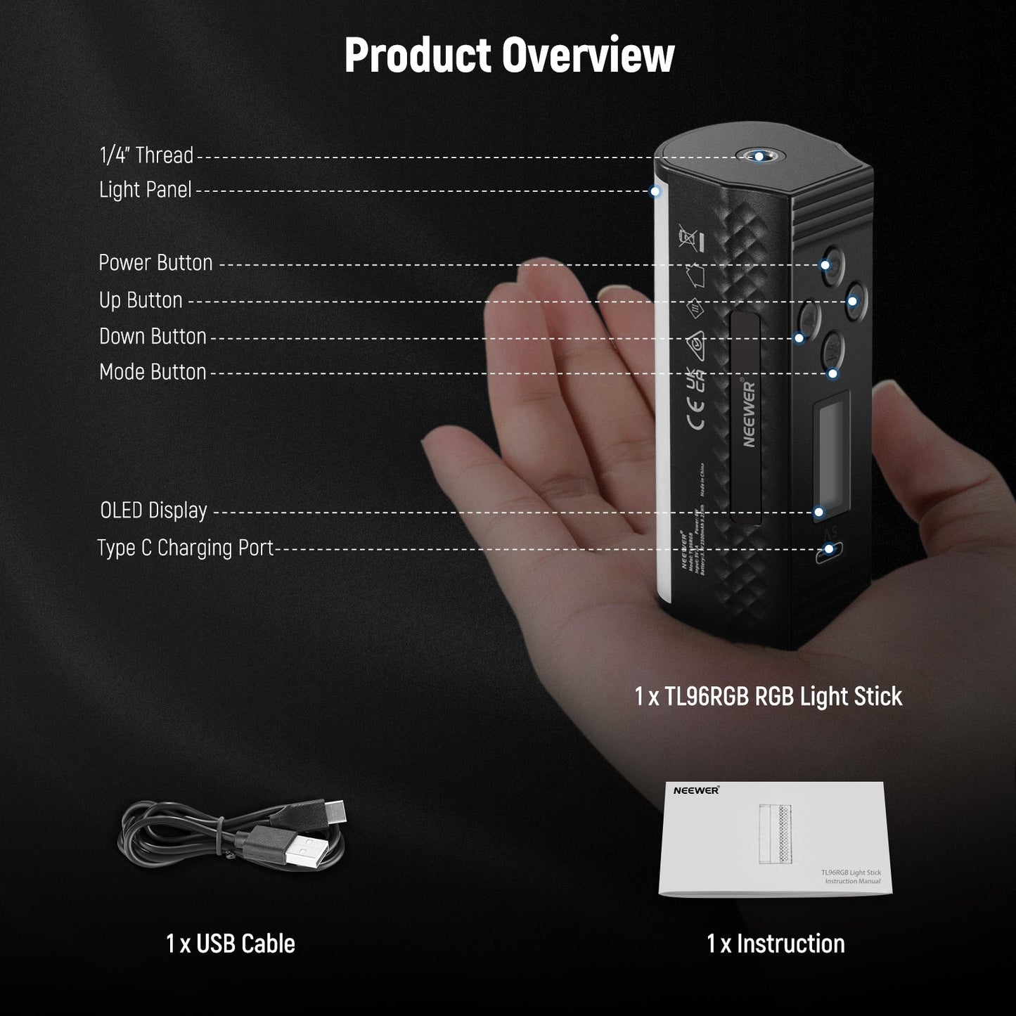 Neewer TL96RGB Stick Light Magnetic Handheld Wand with 2500-8500K, 360 Full RGB mini LED Video Light, 2500 mAh Rechargeable Battery