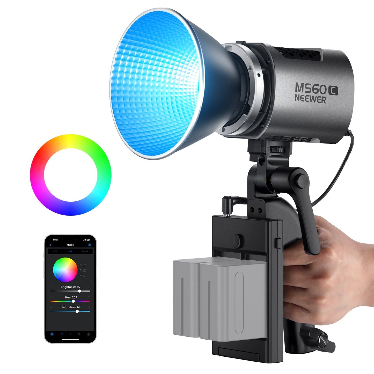 Neewer MS150 Bi-Color 130W / MS60 65W 2700K-6500K / RGBWW 3200K-5600K COB Portable Mini Compact LED Video Light with Color Temperature, Continuous Light Spotlight, 2.4G Apps Control, 12 Scene Effects