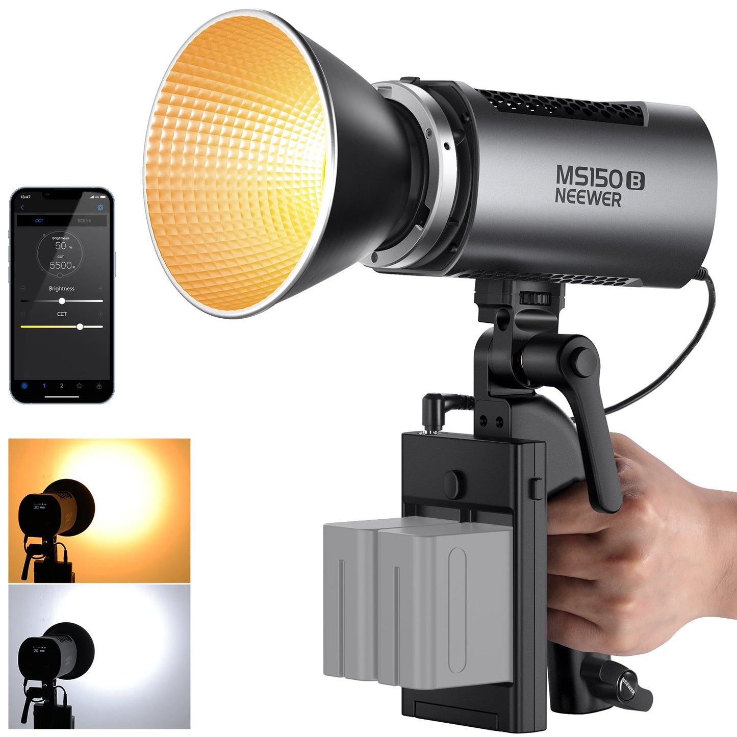 Neewer MS150 Bi-Color 130W / MS60 65W 2700K-6500K / RGBWW 3200K-5600K COB Portable Mini Compact LED Video Light with Color Temperature, Continuous Light Spotlight, 2.4G Apps Control, 12 Scene Effects