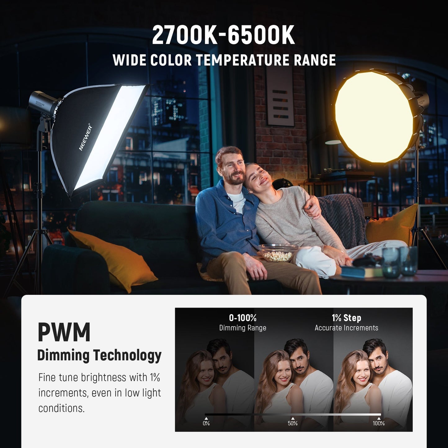 Neewer MS150 Bi-Color 130W / MS60 65W 2700K-6500K / RGBWW 3200K-5600K COB Portable Mini Compact LED Video Light with Color Temperature, Continuous Light Spotlight, 2.4G Apps Control, 12 Scene Effects