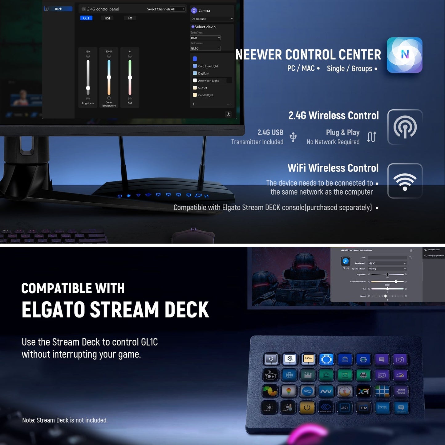 Neewer GL1 2800LM / GL1 C RGB 2900K-7000K Pro 15.5" Key Streaming LED Panel Light,  with Desk Clamp Compatible and Elgato Stream Deck, 2.4G PC/Mac iOS/Android APP Control, 18 Scenes for Gaming, Live Broadcast