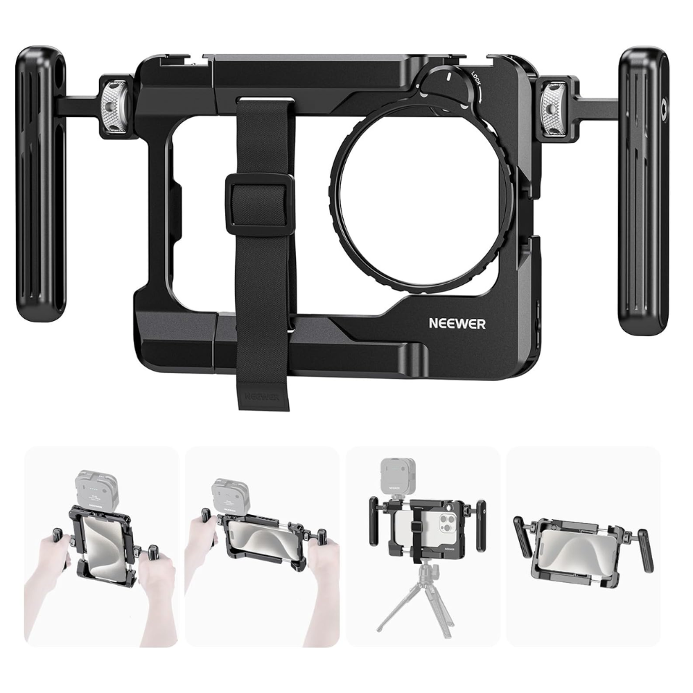 Neewer PA017 Handheld Universal Smartphone Clamp Mount Cage Rig with 67mm Detachable Filter Adapter Ring, 360° Dual Side Handles, Aluminum Alloy, Multiple 1/4" Threads for Photography, Videography & Content Creation | 10103956