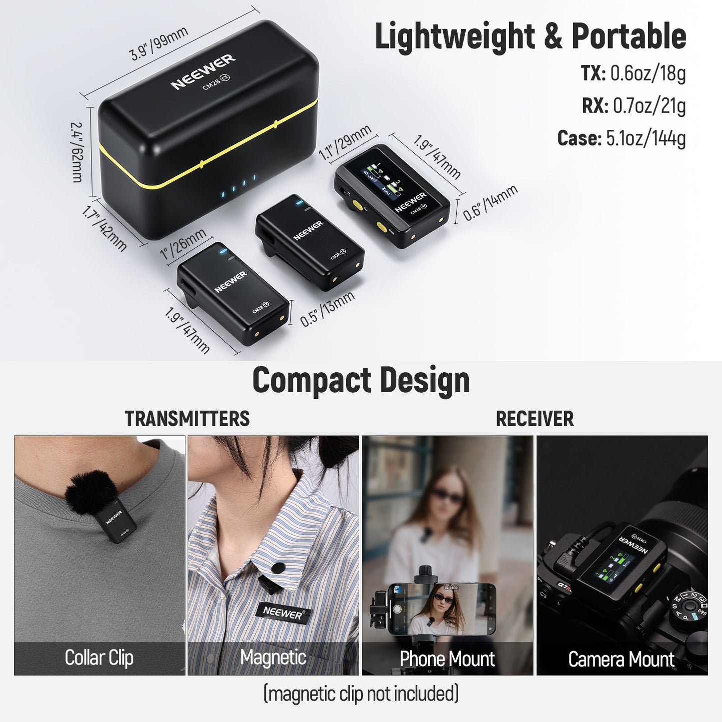 Neewer CM28 2-Pcs 20KHz Wireless 500mA Lavalier Lapel Microphone with 4GB Audio Storage and 1 Click Noise Cancelling, 656ft Transmission, Charging Case, LCD Screen for Camera, Smartphone