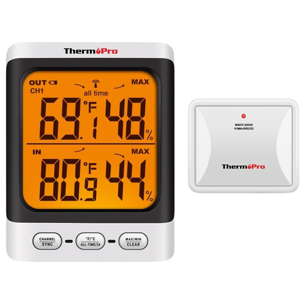 ThermoPro TP62B Wireless Indoor Outdoor Thermometer Hygrometer Temperature & Humidity Monitor with 500ft Range, Waterproof Sensor, Backlit Display, High Accuracy for Baby's Room, Living Room and Outdoors