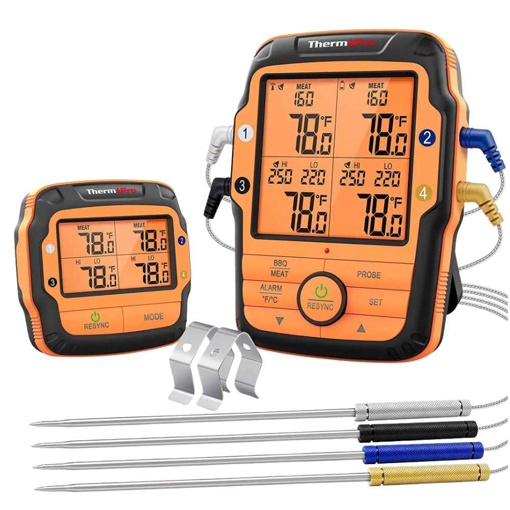 ThermoPro Wireless Meat Thermometer for Oven, Grill, Sous Vide, BBQ, Smoker, Rotisserie, Smart Kitchen Cooking with 2 \ 4 Probes, Durable Stand, Up to 1000FT Transmitter Range & Smart Alarm Range | TP27C | TP828C