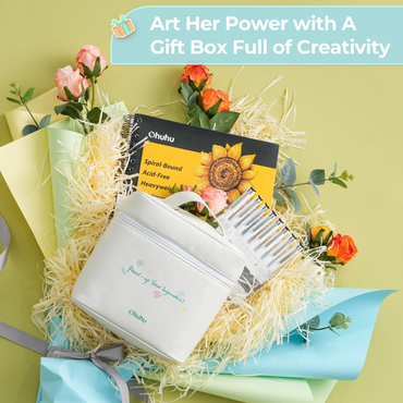 Ohuhu Honolulu Series Gift Box Set with 72 Alcohol Based Dual Tipped Brush and Chisel Art Markers, 8 Fineliner Drawing Pens, 8.9 x 8.3 Inches 120 Pages Marker Pad, 16 Coloring Sheets for Arts & Crafts | Y30-80402-70