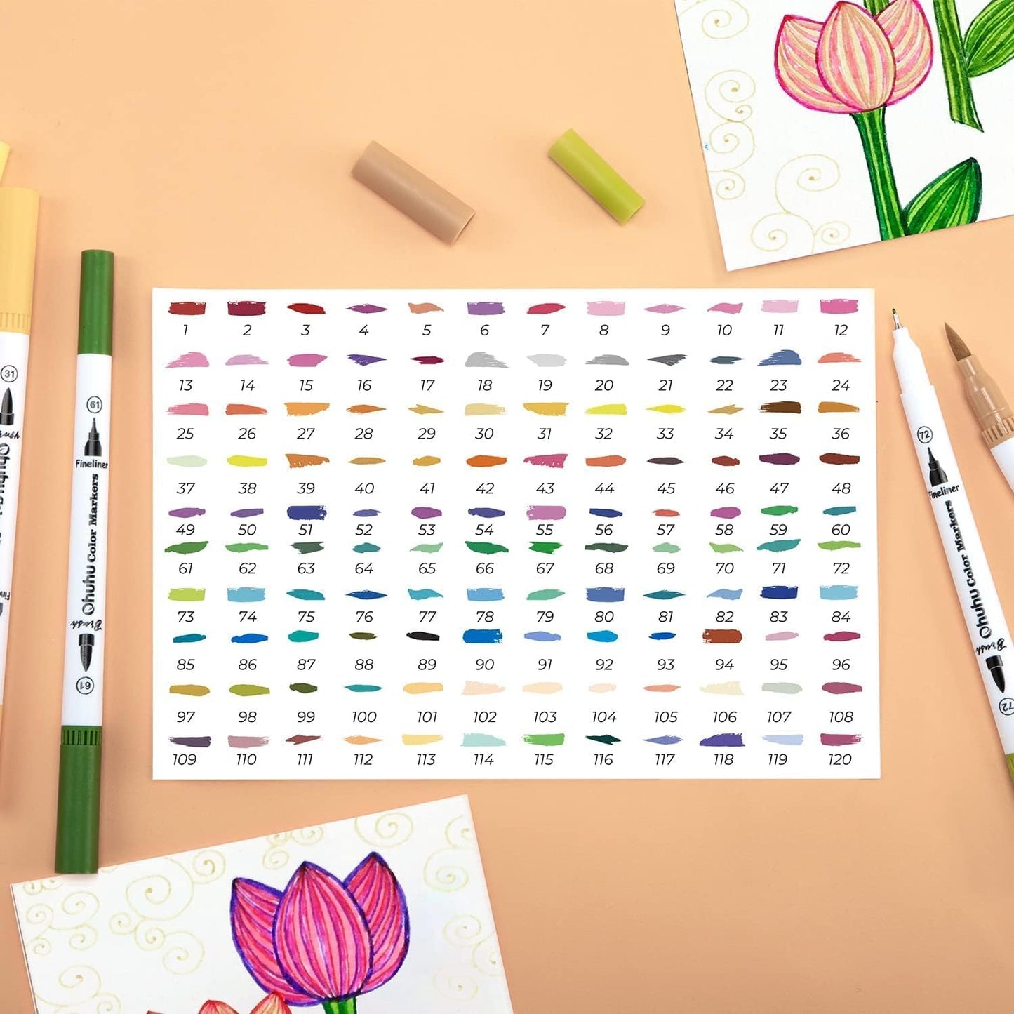 Ohuhu Maui Series Water Based 120 Colors Dual Tipped Art Marker Set for Calligraphy and Sketch for Kids and Adults (Brush and Bullet) Y30-80600-25