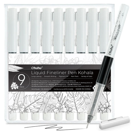 Ohuhu Kohala Series 9pcs Liquid Fineliner Drawing Pens with 1.5x Larger Ink Capacity, Silky-Smooth Writing, Waterproof and Alcohol Proof Ink for Drawing, Sketch and Illustration for Kids and Adults | Y30-80600-53