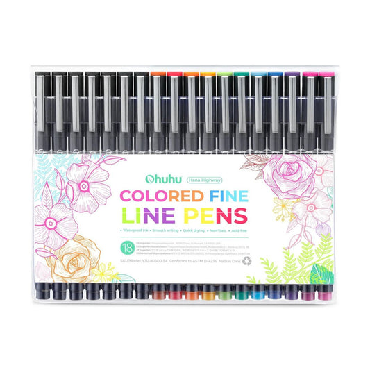 Ohuhu Hana Highway 18pcs Colored Fineliner Pens, Ultra Smooth Writing, Acid-Free, Waterproof and Alcohol Resistant Ink for Sketch, Drawing and Illustration | Y30-80600-54
