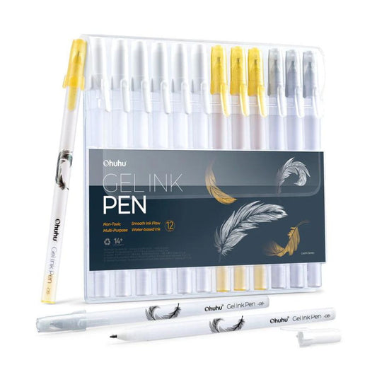 Ohuhu Leahi Series 3 Colors Metallic Gel Ink Set, Smooth Ink Flow, Non-Toxic and Water-Based Ink for Sketch, Drawing and Illustration - 6 White, 3 Silver, 3 Gold | Y30-80600-55