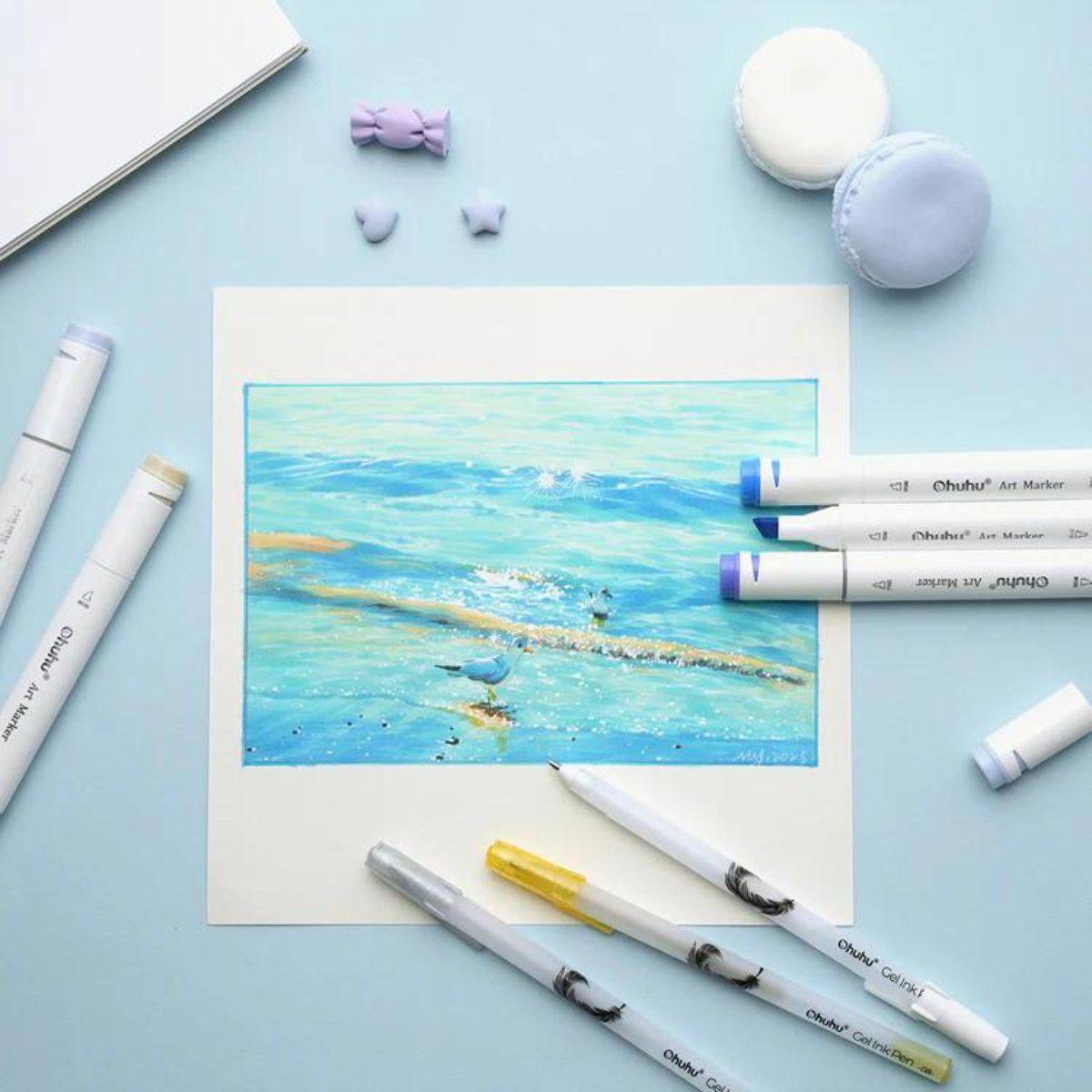 Ohuhu Leahi Series 3 Colors Metallic Gel Ink Set, Smooth Ink Flow, Non-Toxic and Water-Based Ink for Sketch, Drawing and Illustration - 6 White, 3 Silver, 3 Gold | Y30-80600-55