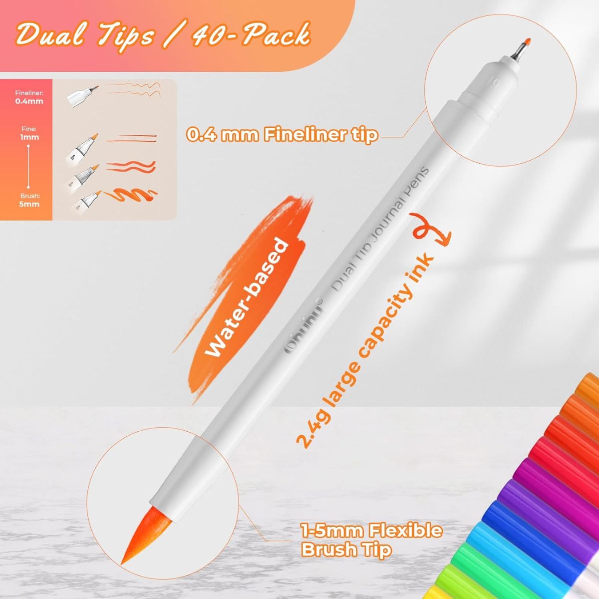 Ohuhu Art Marker Water-Based 40 Colors Dual Tip Journal Pens for Coloring, Illustration and Calligraphy for Kids and Adults with Storage Case | Y30-80601-06