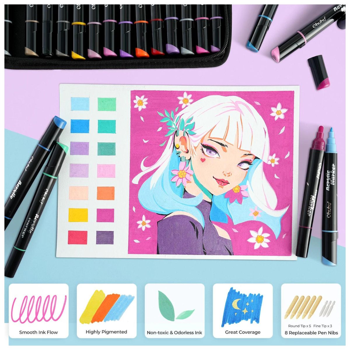Ohuhu Kakaako Series Water-Based 30 Unique Bright Colors Dual Tipped Acrylic Pen, Waterproof and Sunproof for Sketch, Coloring and Illustration for Kids and Adults - Fine & Round Tip | Y30-80601-08