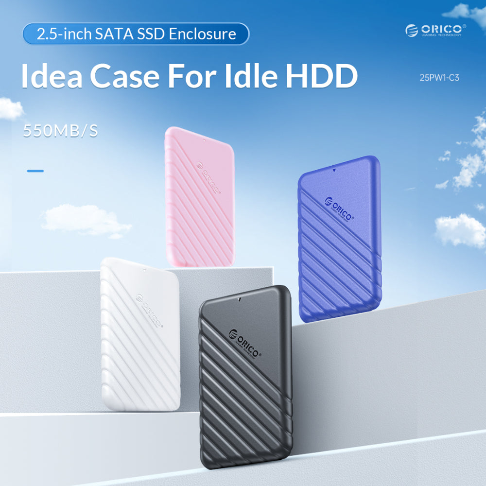 ORICO 2.5 inch SATA to USB 3.1 Gen1 SSD/HDD Hard Disk Enclosure Tool-Free with 6Gbps Fast Transmission Rate, (0.5m) USB-C to USB-A Data Cable, 6TB Max. Disk Capacity (Black, Blue, Pink, White) | 25PW1-C3